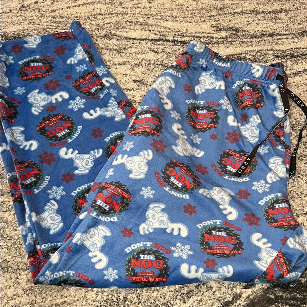 Christmas Vacation Blue Pajama Bottoms with Reindeer and Snowflakes